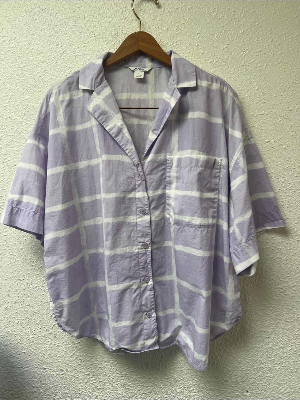 Monkl Lavender Windowpane Short-Sleeve Oversized Button-Down Shirt 100% Cotton